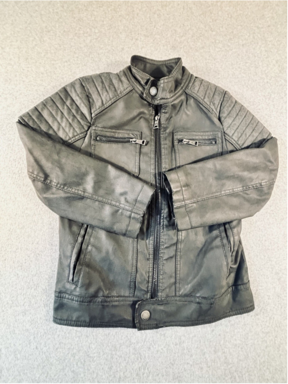 Urban Republic Boys' Faux Leather Moto Jacket w/ Gray Hood, Black, Size 10/12